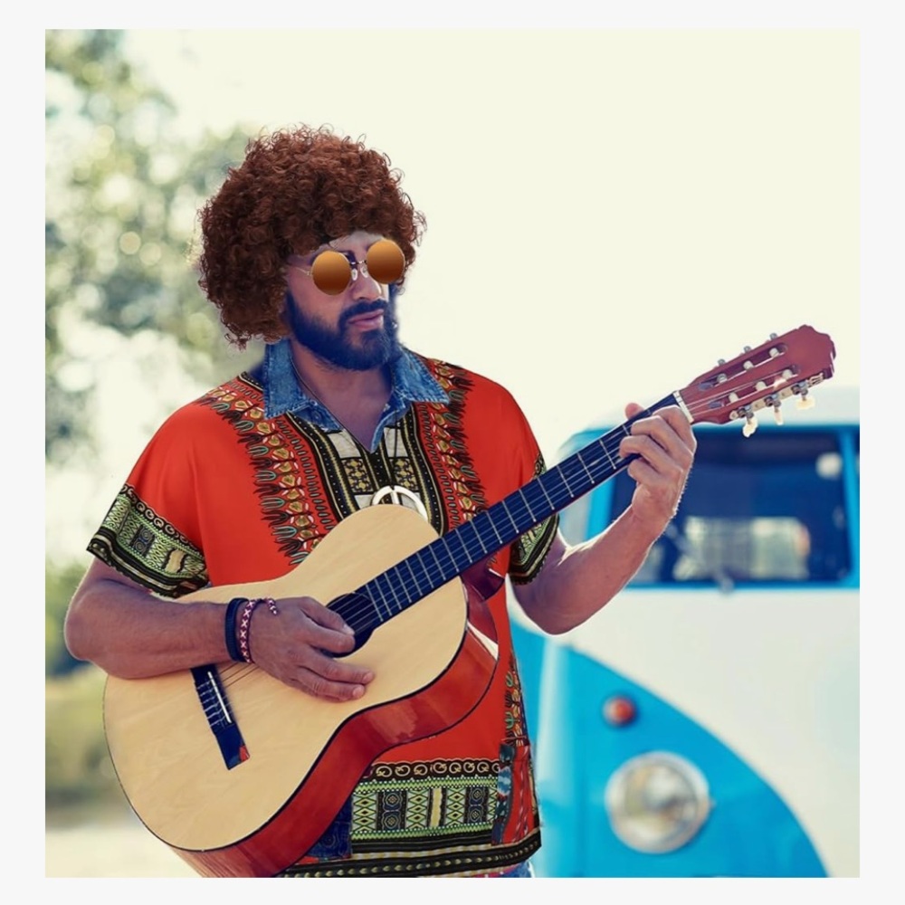 70s Hippie Costume Set Men Shirt Afro Wig Sunglasses Peace Necklace L ☮️🕺 - Picture 3 of 4
